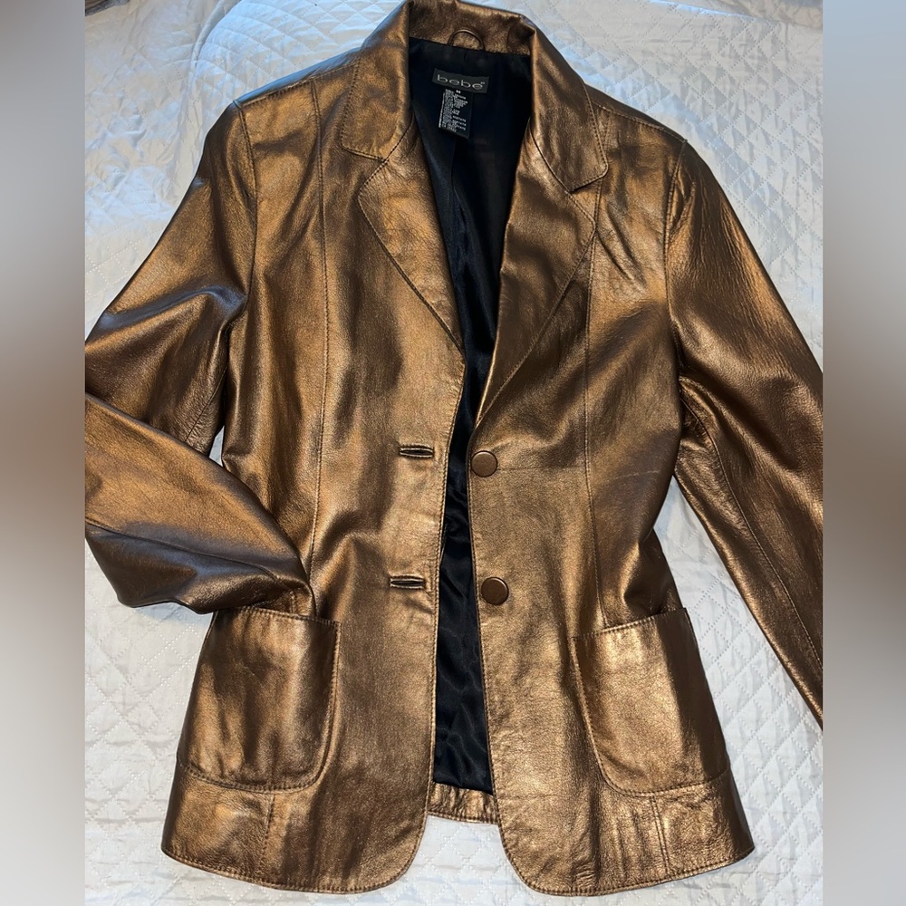 New Bebe soft leather metallic bronze jacket size M flattering fitted style